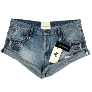 One Teaspoon Bandits Denim Jean Shorts 32" Bleach Blu Low-Rise Distressed NEW!